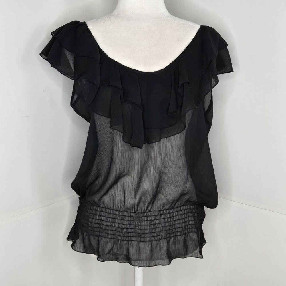 Miley Cyrus MaxAzria EUC sheer ruffle blouse XL Black See-Through Top